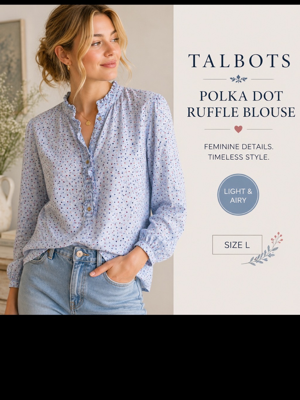 Talbots Shirt Womens L Blue Polka Dot Ruffle Collar Long Sleeve Popover Preppy